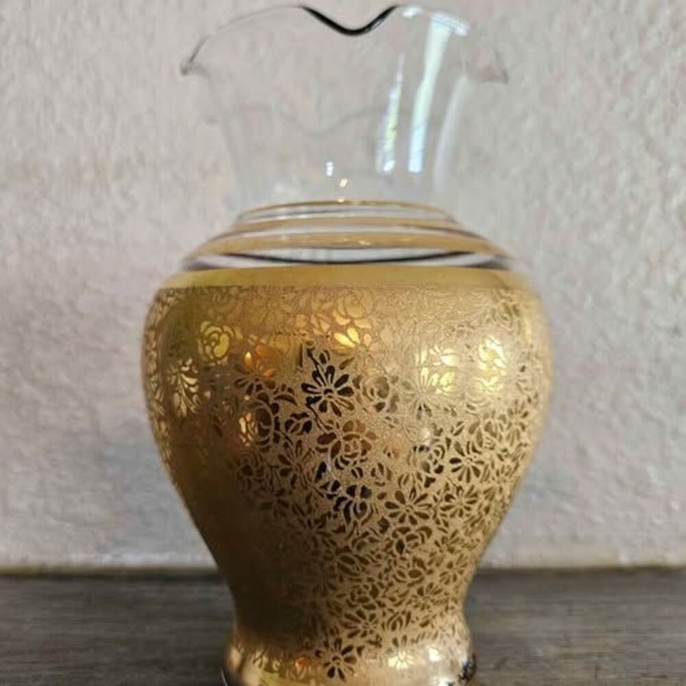 Vintage MCM Gold Floral Overlay Glass Vase Ruffled Rim Hollywood Regency Ransgil
